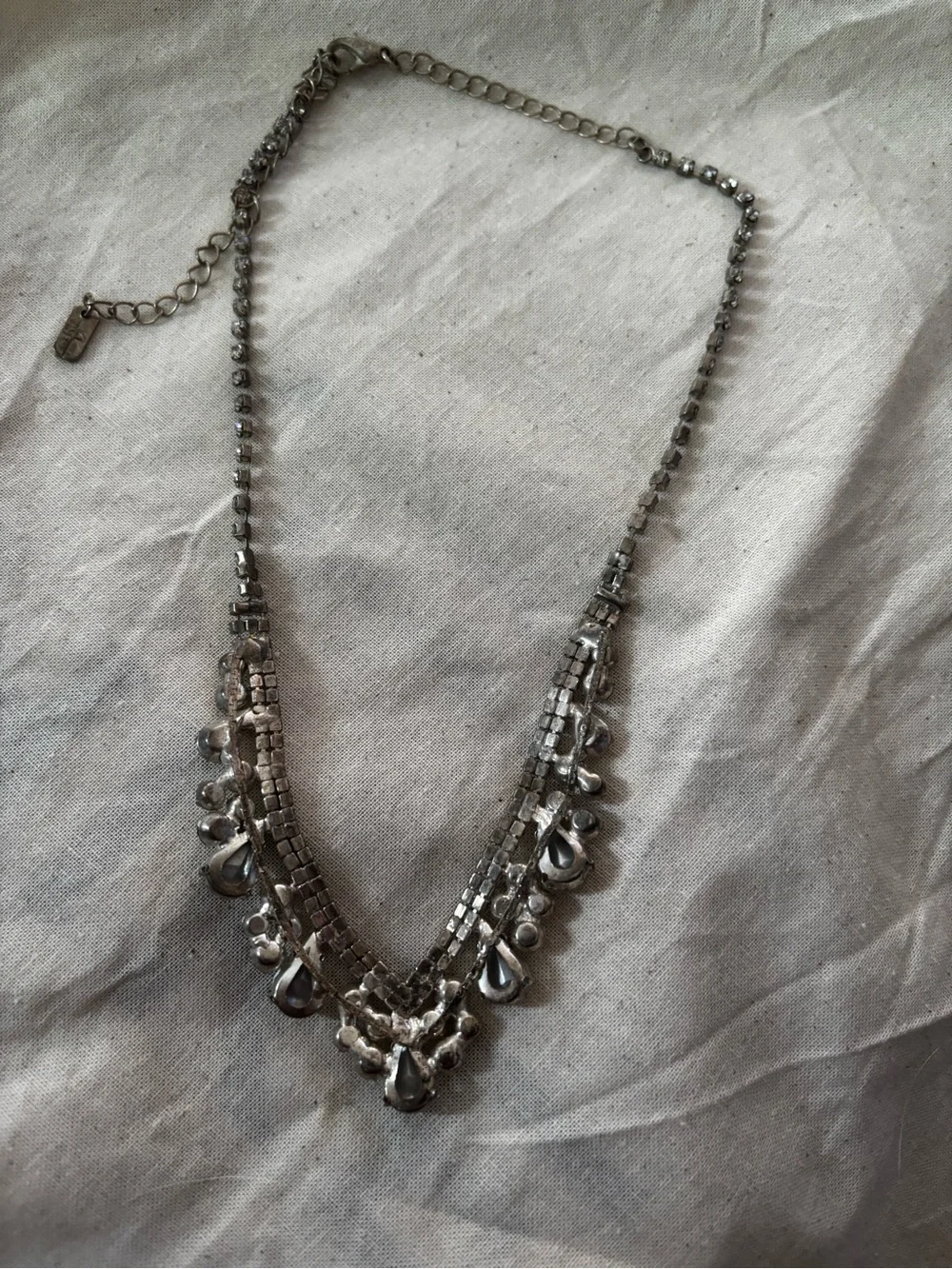 Silver Tone Rhinestone Statement Bib Necklace Crystal Teardrop Adjustable